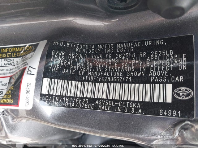 Toyota CAMRY SE 2017 4T1BF1FK7HU662471 Image 9