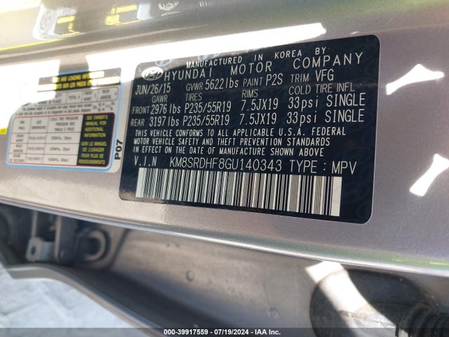 Hyundai Santa Fe Limited 2016 KM8SRDHF8GU140343 Image 9