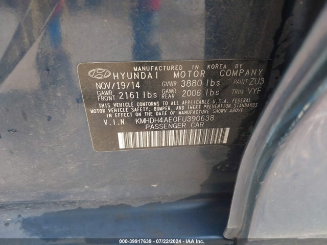 Hyundai Elantra Limited 2015 KMHDH4AE0FU390638 Image 9