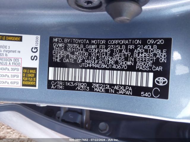 JTDHPMAE8MJ140670 Toyota COROLLA LE