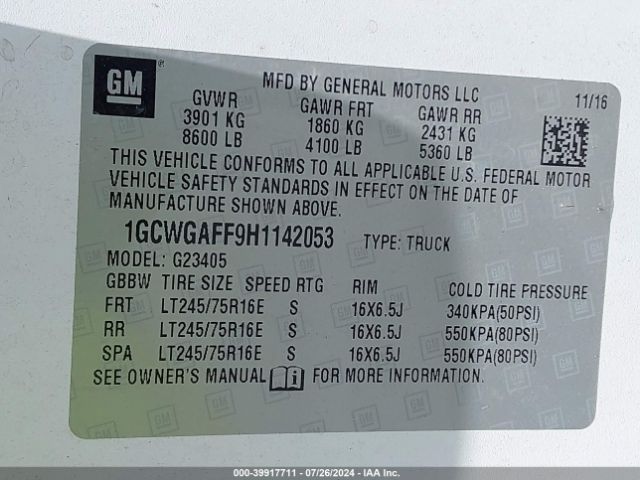 1GCWGAFF9H1142053 Chevrolet Express 2500 Work Van