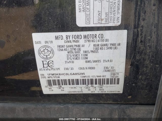 1FM5K8HC0LGA85295 Ford Explorer Platinum
