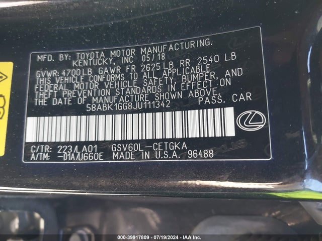58ABK1GG8JU111342 Lexus ES 350