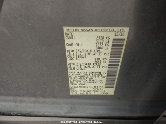 Nissan MURANO SL 2017 5N1AZ2MG8HN128171 Image 9