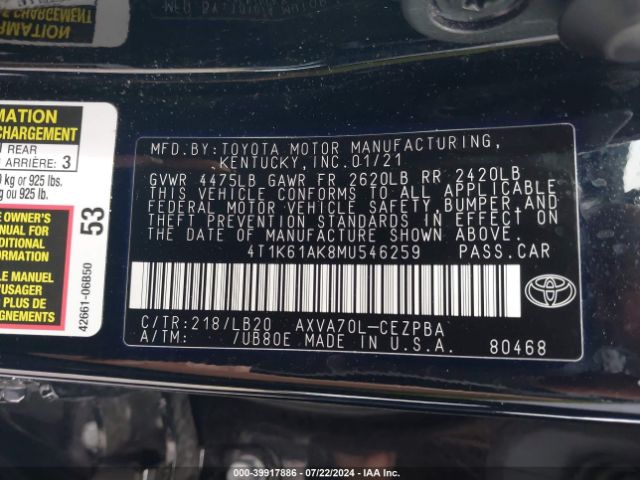 4T1K61AK8MU546259 Toyota CAMRY XSE