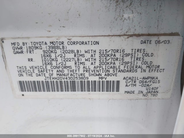 39917902 :رقم المزاد ، JTEHH20V430253809 vin ، 2003 Toyota Rav4 مزاد بيع