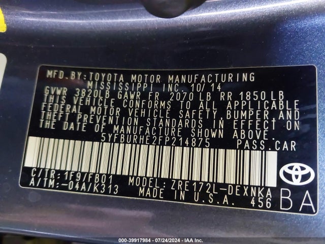 Toyota COROLLA LE 2015 5YFBURHE2FP214875 Image 9