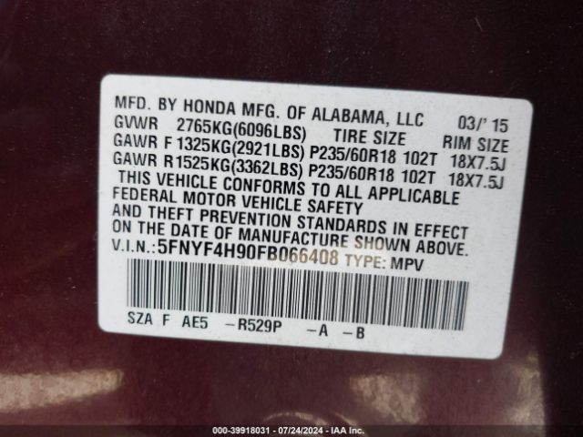 5FNYF4H90FB066408 Honda Pilot Touring
