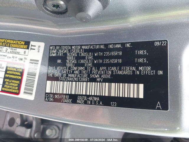 Toyota Highlander Le 2022 5TDZZRAH2NS139881 Image 9