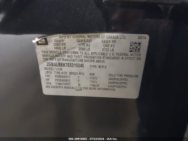 Chevrolet EQUINOX 1LT 2014 2GNALBEK7E6315045 Image 9