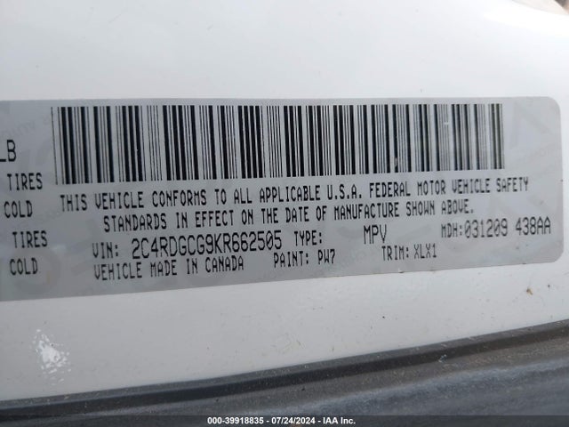 2C4RDGCG9KR662505 Dodge Grand Caravan Sxt