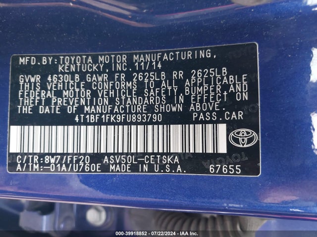 Toyota CAMRY SE 2015 4T1BF1FK9FU893790 Image 9