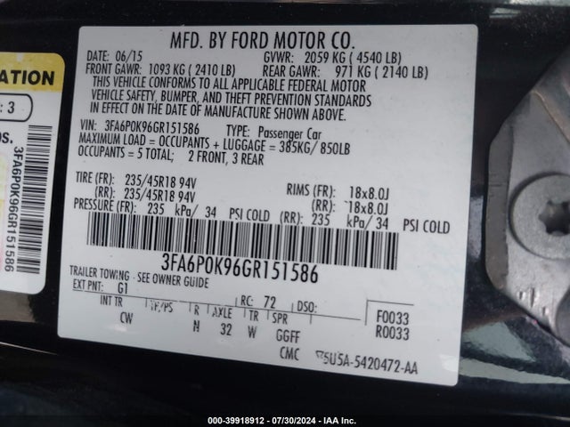 Ford Fusion Titanium 2016 3FA6P0K96GR151586 Image 9