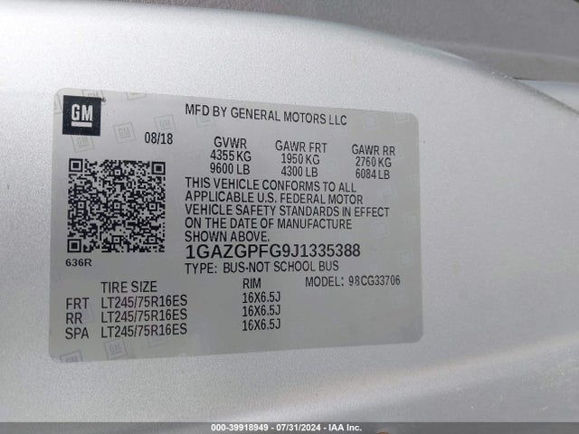 Chevrolet Express 3500 Lt 2018 1GAZGPFG9J1335388 Image 9