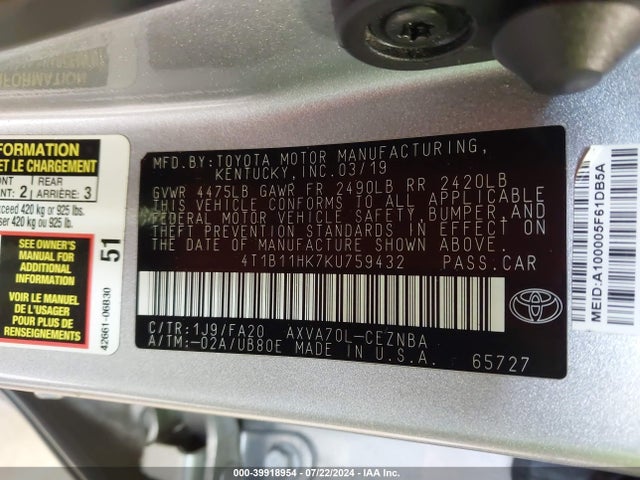 Toyota CAMRY LE 2019 4T1B11HK7KU759432 Image 9