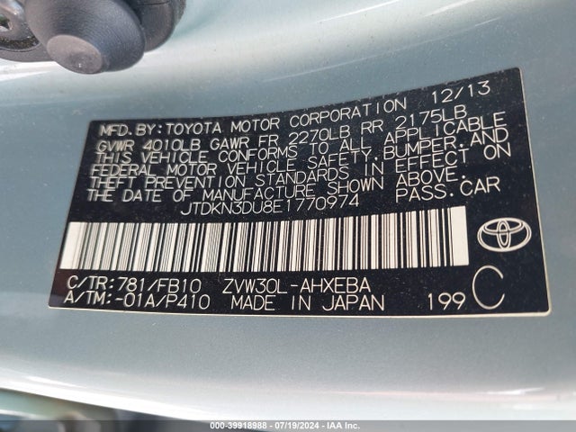 Toyota Prius Two 2014 JTDKN3DU8E1770974 Image 9