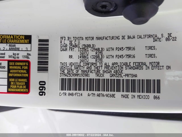 Toyota Tacoma Sr5 V6 2022 3TMAZ5CN9NM193901 Image 9