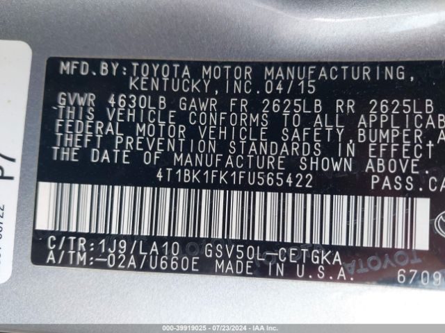 4T1BK1FK1FU565422 Toyota Camry Xle V6
