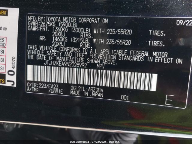 JTJHZKEA9N2028992 Lexus Rx 350l
