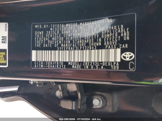 Toyota COROLLA LE 2020 5YFEPRAE3LP132843 Image 9