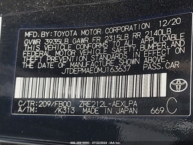 Toyota COROLLA LE 2021 JTDEPMAE0MJ163637 Image 9