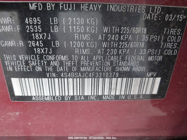 Subaru Outback 2.5i Limited 2015 4S4BSAJC4F3310379 Image 9