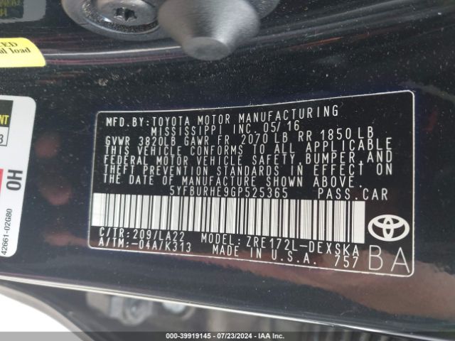 5YFBURHE9GP525365 Toyota Corolla S Premium