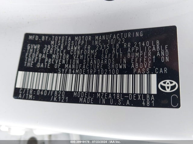 Toyota COROLLA LE 2024 5YFB4MDE1RP102100 Image 9