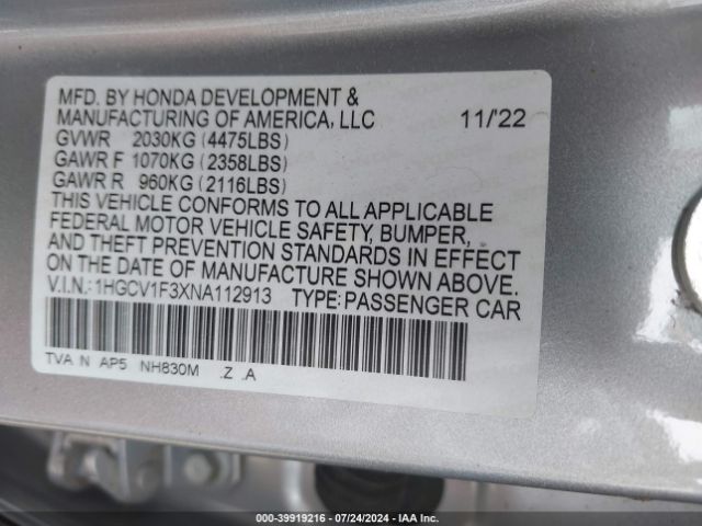 1HGCV1F3XNA112913 Honda Accord Sport