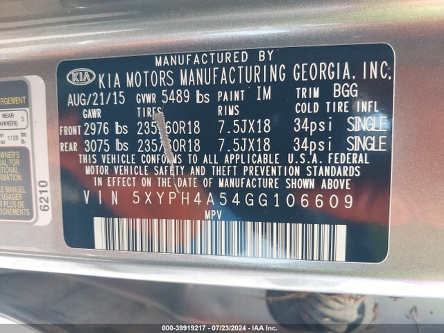 KIA Sorento 3.3l Ex 2016 5XYPH4A54GG106609 Image 9
