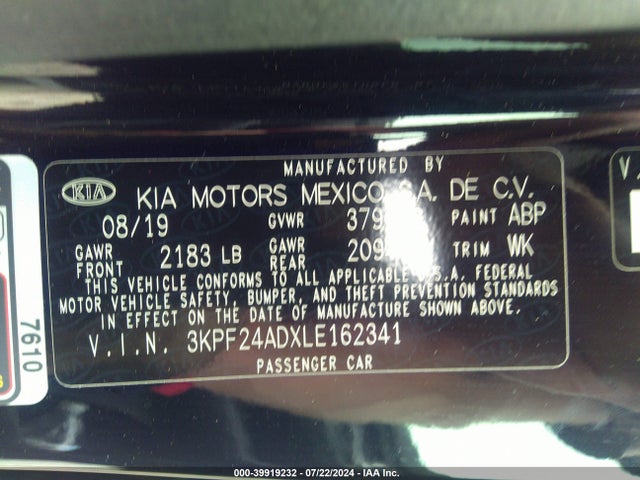 3KPF24ADXLE162341 KIA Forte Lxs