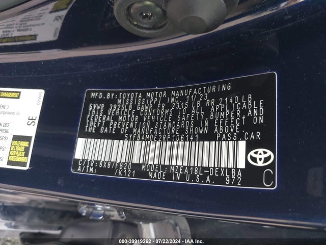 Toyota COROLLA LE 2024 5YFB4MDE2RP106141 Image 9