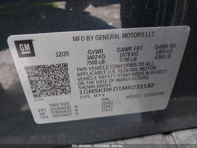 1GNSKRKD1MR231182 Chevrolet Tahoe 4wd Rst