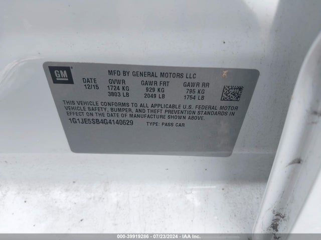 Chevrolet Sonic Ltz Auto 2016 1G1JE5SB4G4140629 Image 9