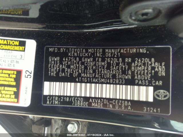 4T1G11AK5MU482833 Toyota Camry Se Nightshade Edition