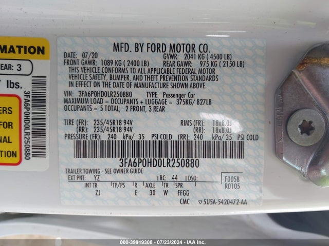 Ford FUSION SE 2020 3FA6P0HD0LR250880 Image 9