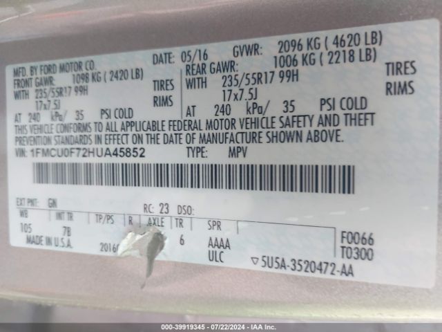1FMCU0F72HUA45852 Ford ESCAPE S