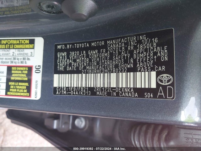 Toyota COROLLA LE 2017 2T1BURHE2HC780232 Image 9