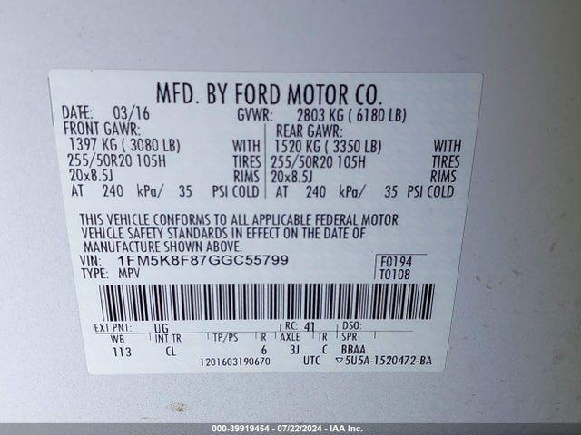 Ford Explorer Limited 2016 1FM5K8F87GGC55799 Image 9