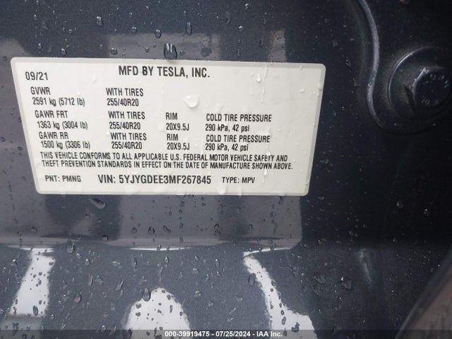 2021 TESLA MODEL Y 5YJYGDEE3MF267845 Photo 8