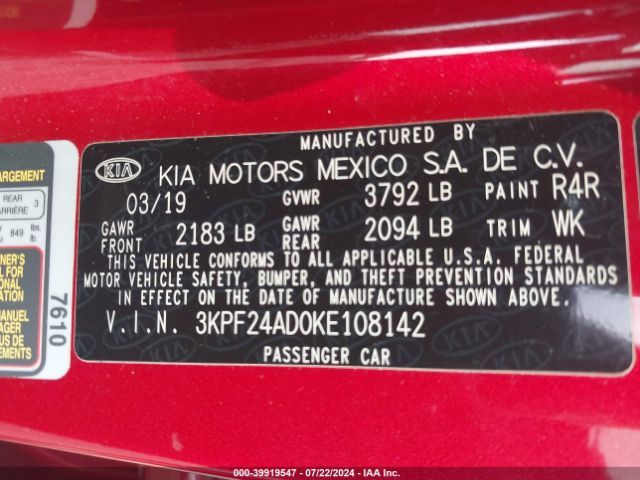 3KPF24AD0KE108142 KIA Forte Lxs