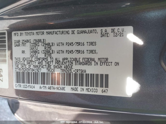 Toyota Tacoma Sr 2022 3TYRX5GN3NT041927 Image 9
