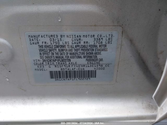 3N1CN7AP1FL922729 Nissan Versa 1.6 S