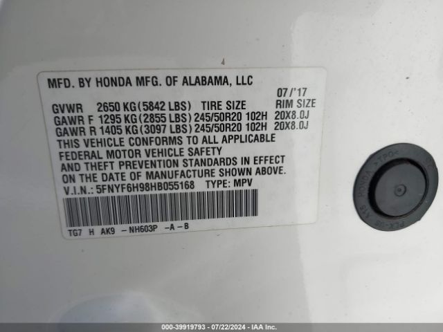 5FNYF6H98HB055168 Honda Pilot Touring