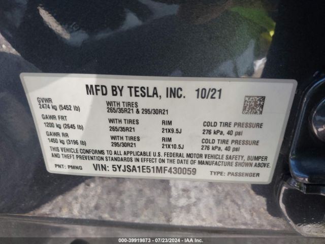 5YJSA1E51MF430059 Tesla Model S Long Range Dual Motor All-wheel Drive