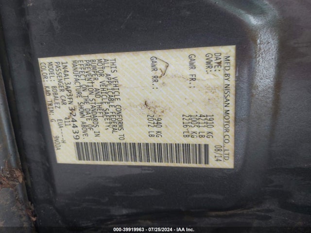 2015 Nissan Altima 2.5 S მანქანა იყიდება აუქციონზე, vin: 1N4AL3AP3FN324439, აუქციონის ნომერი: 39919963