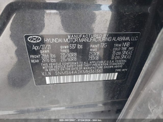 5NMS64AJXMH361361 Hyundai Santa Fe Sel