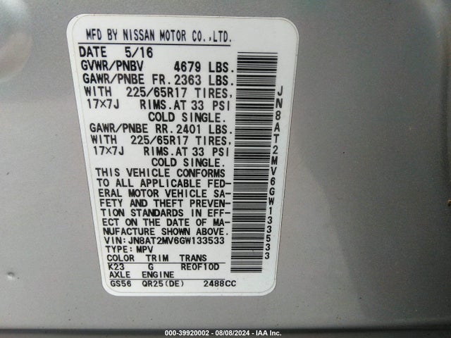 Nissan ROGUE S 2016 JN8AT2MV6GW133533 Image 9