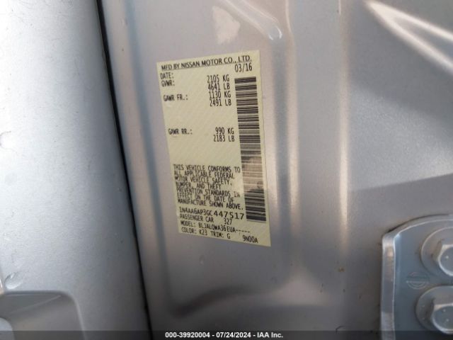 1N4AA6AP3GC447517 Nissan Maxima 3.5 Platinum/3.5 S/3.5 Sl/3.5 Sr/3.5 Sv