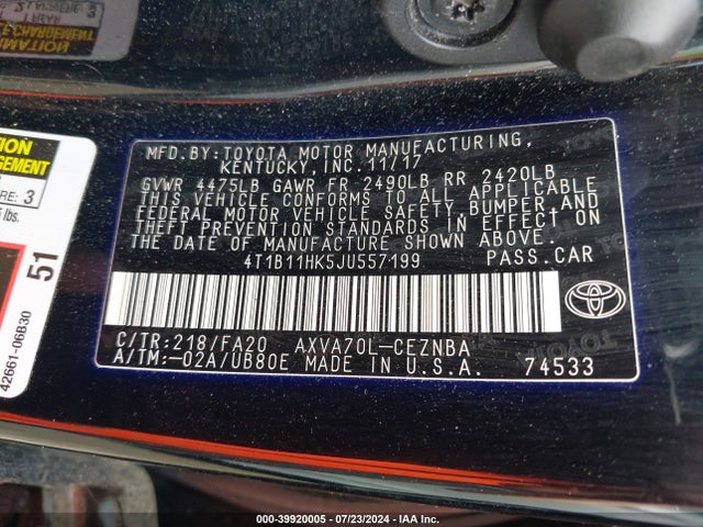 Toyota CAMRY LE 2018 4T1B11HK5JU557199 Image 9